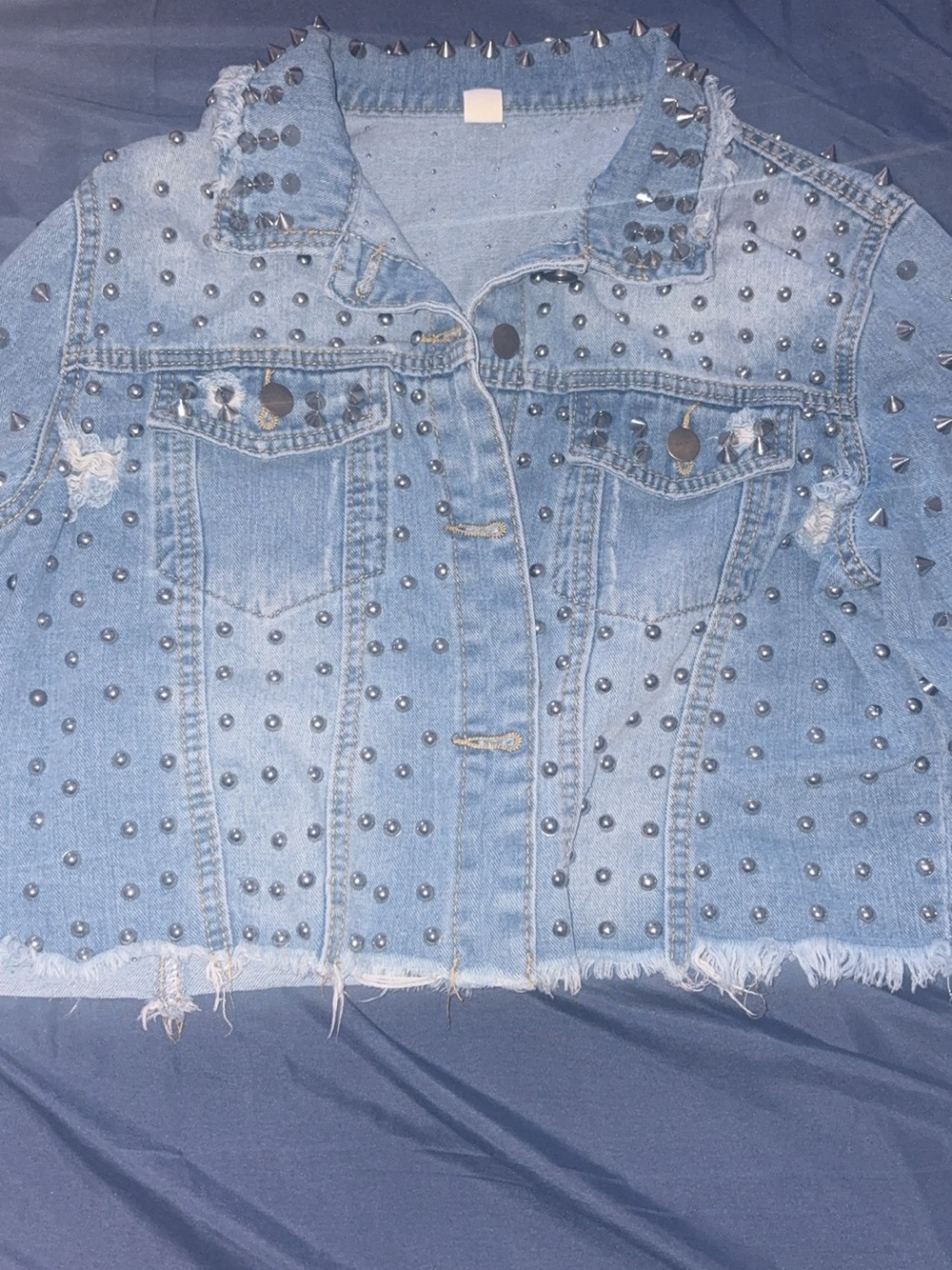 Studded Cropped Denim Jacket - Light Blue